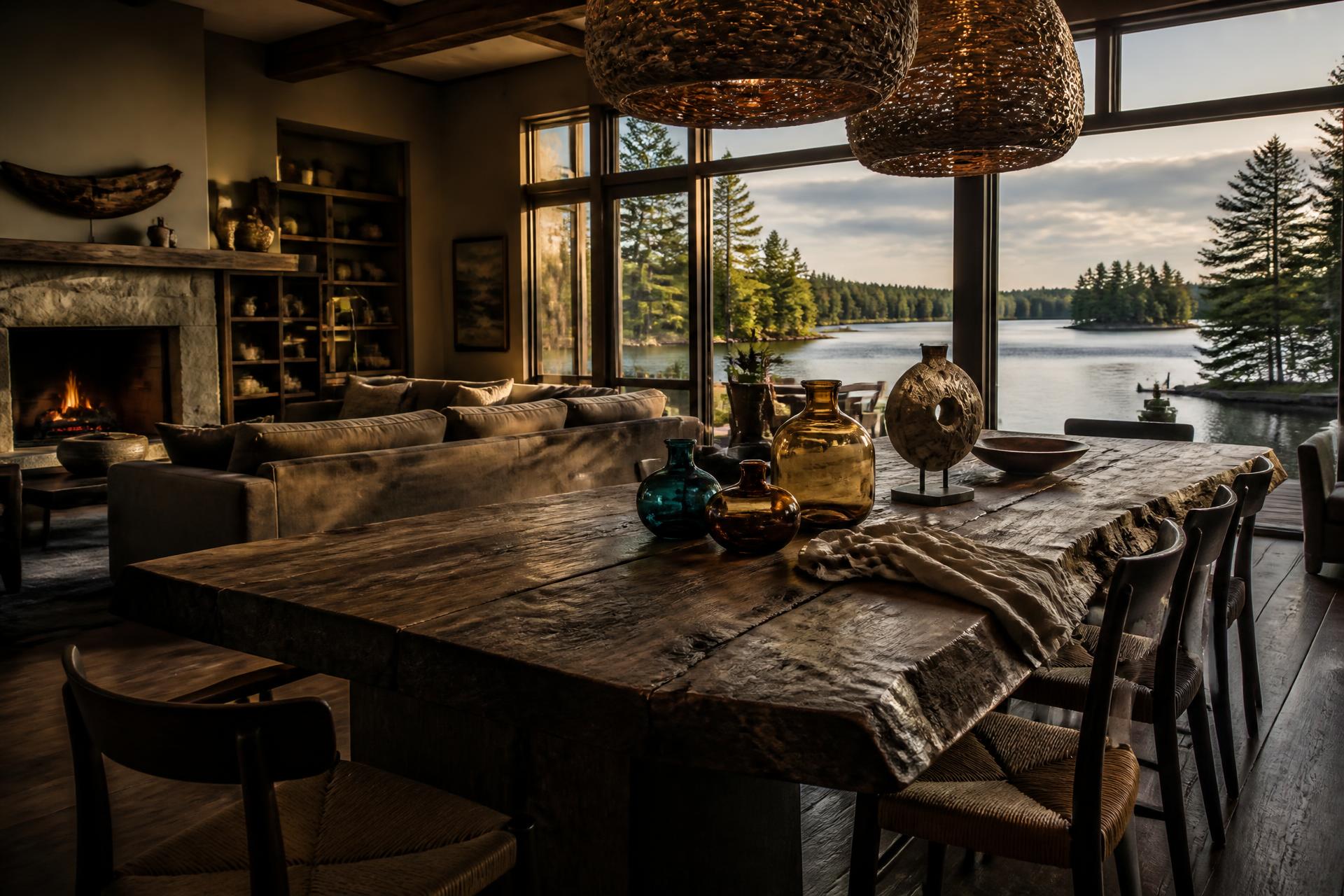 Lake house interior with a reclaimed timber table and artisan glass vessels
